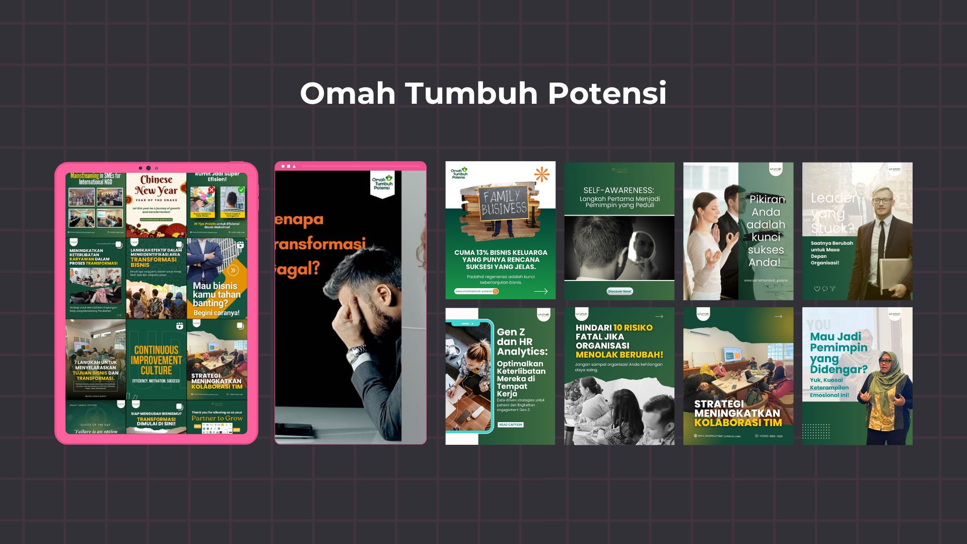 Omah Tumbuh Potensi Instagram and LinkedIn content samples on organizational development